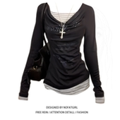 胖mm美式 复古假两件拼接长袖 t恤女早秋新款 大码 修身 显瘦别致上衣