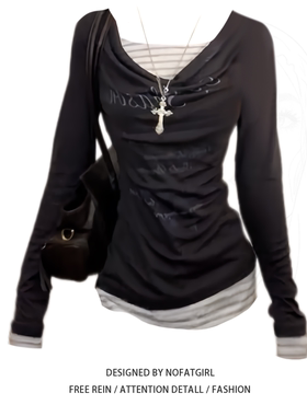 大码胖mm美式复古假两件拼接长袖t恤女早秋新款修身显瘦别致上衣