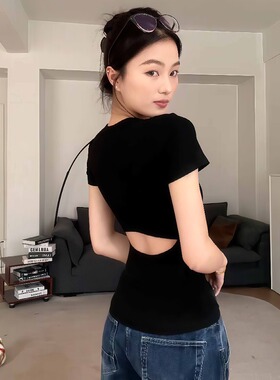 大码微胖mm美式辣妹后背镂空短袖T恤夏季修身显瘦弹力黑色打底衫