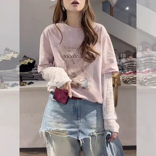 罩衫 t恤女春夏新款 休闲百搭圆领上衣 蕾丝拼接假两件印花长袖 大码