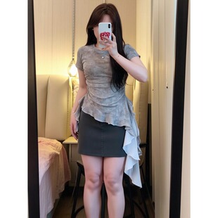 新款 辣妹风不规则飘带上衣夏季 修身 显瘦时尚 T恤 大码 短袖 胖mm美式