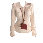 胖mm复古麻花polo领长袖 针织衫 女秋冬季 大码 修身 软糯韩系打底毛衣