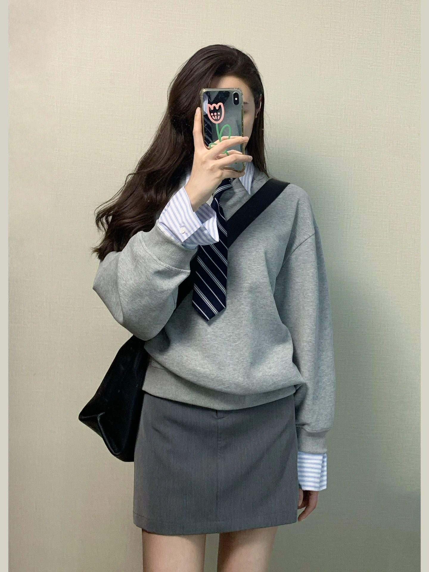 大码胖mm美式学院风套装女秋季新款假两件拼接卫衣 短裙两件套