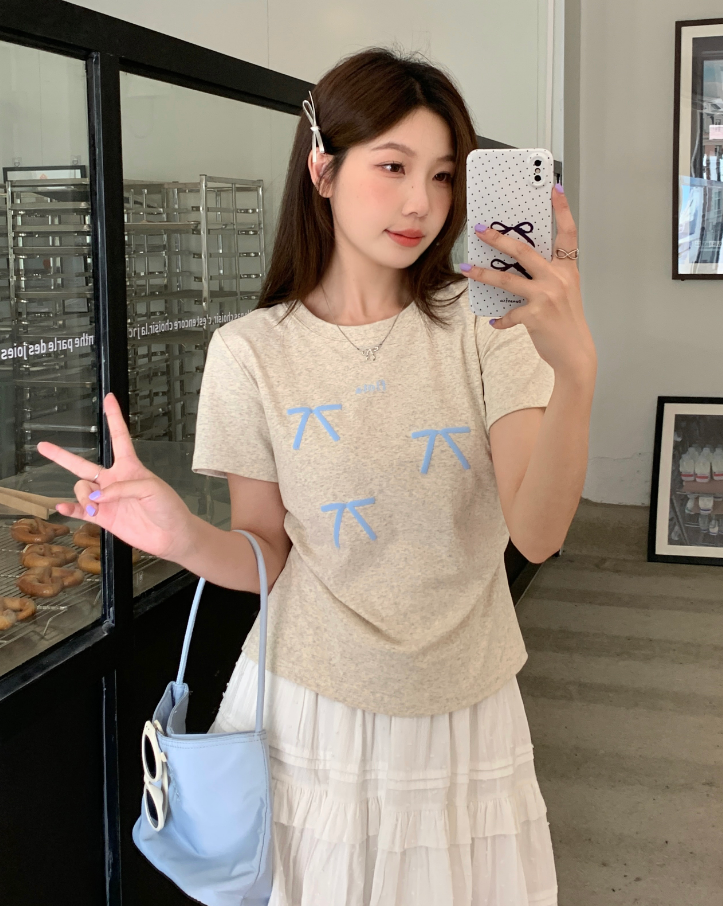 百搭字母印花短袖蝴蝶结T恤夏季