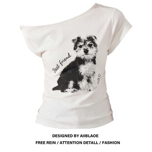 胖MM美式 设计感显瘦气质短款 复古斜肩短袖 新款 上衣 T恤女夏季 大码