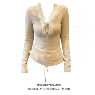 大码 上衣 胖MM纯欲风V领系带毛领T恤女2026春秋磨毛气质绝美打底衫