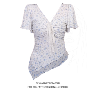 女2026夏季 雪纺衫 不规则设计感上衣 胖mm纯欲风碎花系带短袖 大码