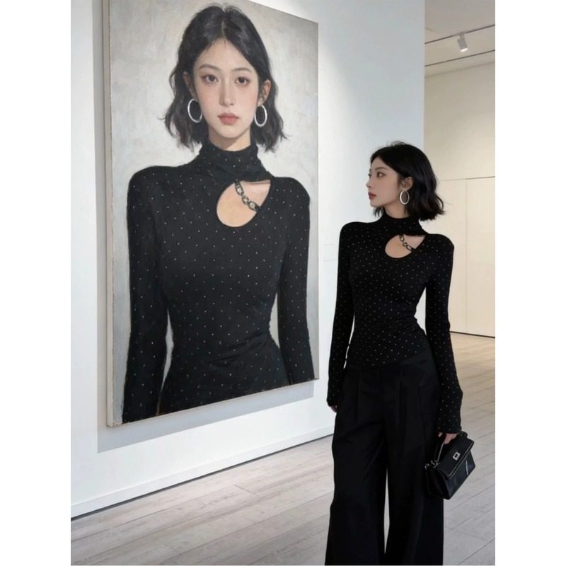 大码纯欲风镂空波点长袖T恤女2026新款小众百搭修身显瘦黑色上衣