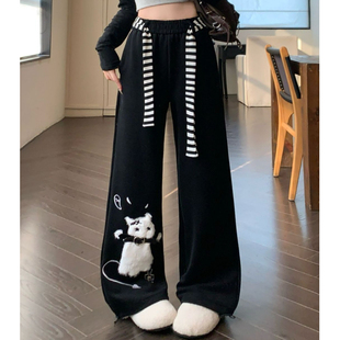 大碼 可愛貓咪黑色休閑衛褲 女秋冬慵懶風垂感寬松闊腿褲 子 胖MM美式