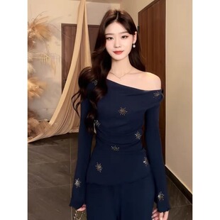 法式 T恤早秋新款 气质高级感百搭上衣 胖mm辣妹风荡领印花长袖 大码