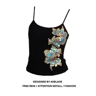 修身 大码 新款 亮片花朵吊带背心女夏季 设计感显瘦辣妹上衣 胖mm美式
