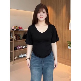 大码 超好看弧形下摆收腰上衣 胖mm纯欲风V领纯色遮肉短袖 T恤女夏季