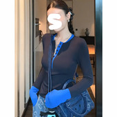 内搭打底衫 撞色拼接假两件v领长袖 上衣 短款 修身 t恤女大码 胖mm秋季