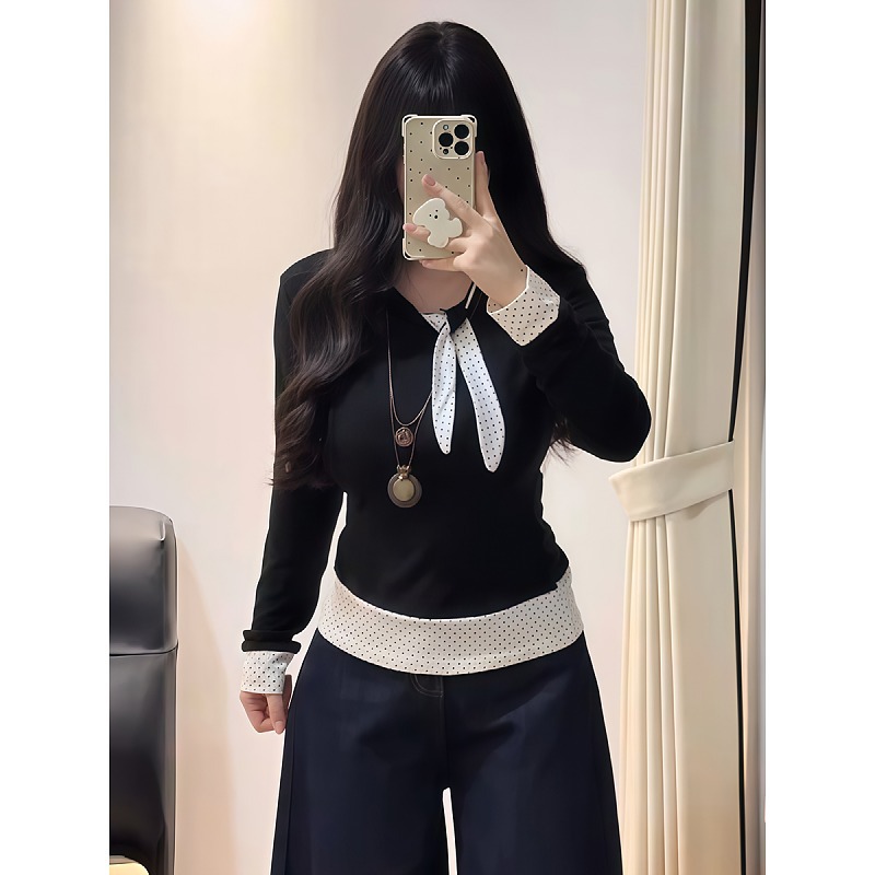 大码黑色蝴蝶结波点拼接长袖T恤女秋季微胖mm假两件时尚显瘦上衣