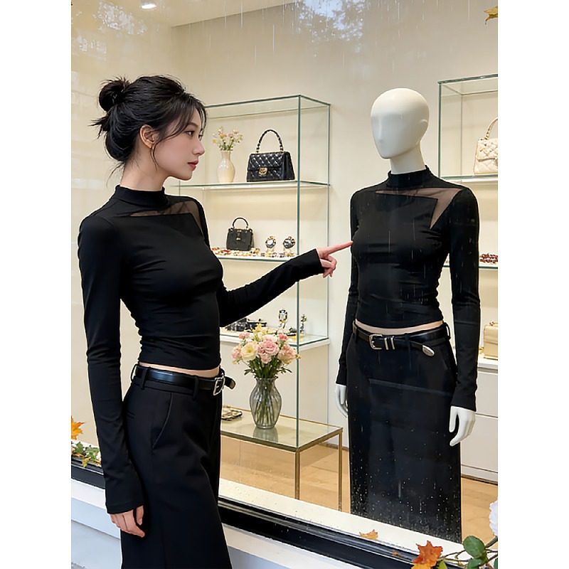 大码黑色半高领网纱拼接长袖女秋冬辣妹镂空打底衫显瘦设计感上衣,女装/女士精品,大码内搭,淘宝优惠券,粉丝福利购,淘宝优惠卷