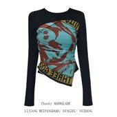 大码 小众不规则丝巾拼接上衣 T恤女2026新款 美式 辣妹涂鸦印花长袖