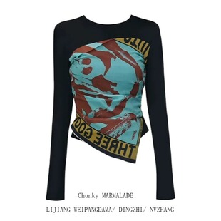 T恤女2026新款 辣妹涂鸦印花长袖 小众不规则丝巾拼接上衣 美式 大码