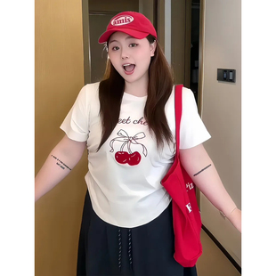 新款 大码 纯色印花上衣夏季 胖MM女装 设计感樱桃蝴蝶结刺绣T恤 韩版