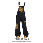 宽松直筒阔腿连体裤 大码 新款 女春季 子 胖mm复古格纹拼接牛仔背带裤