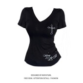 薄款 大码 收腰显瘦纯欲上衣 辣妹V领黑色短袖 t恤女2025夏季 女装 美式