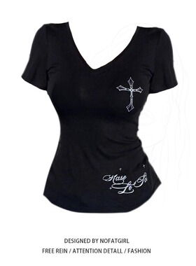 大码女装美式辣妹V领黑色短袖t恤女2026夏季薄款收腰显瘦纯欲上衣