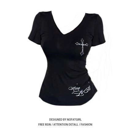 大码女装美式辣妹V领黑色短袖t恤女2025夏季薄款收腰显瘦纯欲上衣