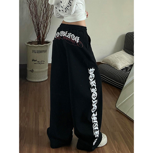宽松街舞运动裤 大码 女秋冬字母印花阔腿裤 复古休闲卫裤 子 胖mm美式