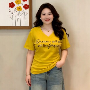 女装 微胖MM掐腰内搭打底衫 多巴胺黄色v领短袖 新款 t恤 上衣夏季 大码