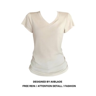 新款 t恤女夏季 掐腰显瘦绝美上衣 胖mm韩系杏色v领宽松正肩短袖 大码