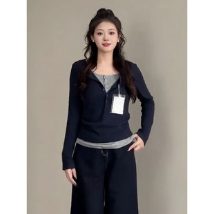 上衣秋季 v领假两件长袖 新款 微胖mm显瘦时尚 T恤 大码 气质打底衫 女装