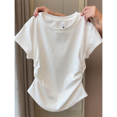 胖妹妹白色褶皱正肩短袖 t恤女夏季 新款 大码 收腰显瘦辣妹短款 上衣