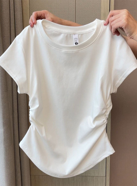 大码胖妹妹白色褶皱正肩短袖t恤女夏季新款收腰显瘦辣妹短款上衣