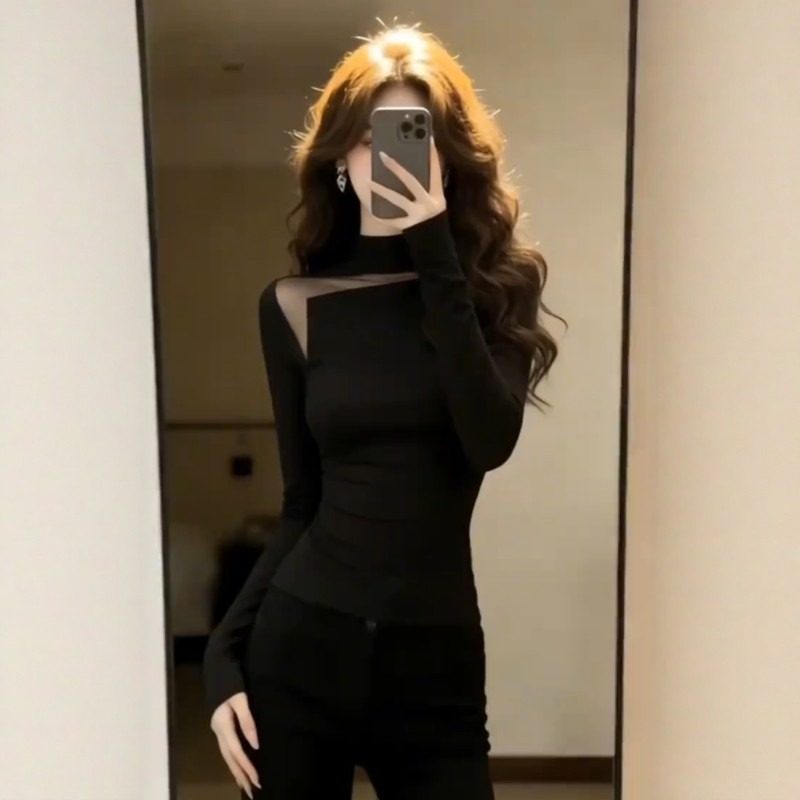 大码设计感网纱拼接半高领打底衫女2026春季胖MM显瘦气质内搭上衣,女装/女士精品,大码内搭,淘宝优惠券,粉丝福利购,淘宝优惠卷