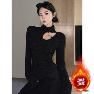 显瘦绝美打底衫 大码 新款 T恤女秋冬季 上衣 胖MM细闪镂空半高领长袖