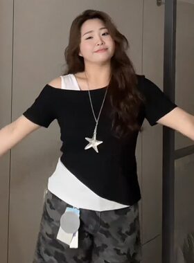 大码胖mm女装短袖假两件斜肩上衣2026春夏穿搭遮肉掐腰巨显瘦t恤