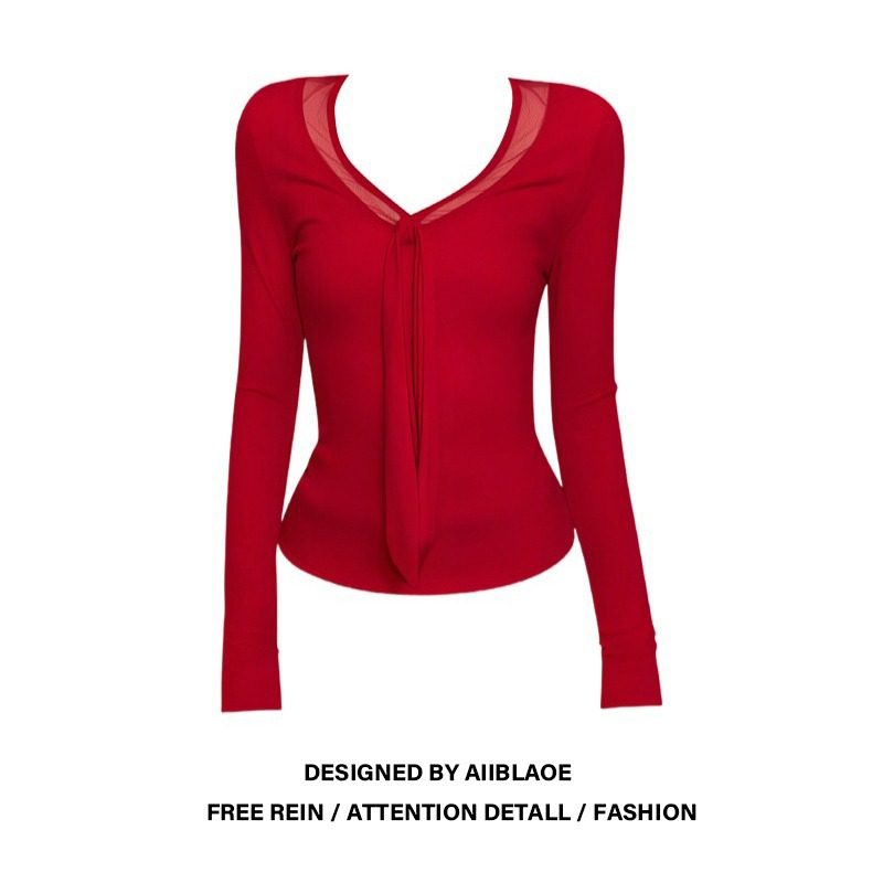 大码胖mm新年红色穿搭系带v领长袖T恤女秋冬新款修身显瘦气质上衣,女装/女士精品,大码内搭,淘宝优惠券,粉丝福利购,淘宝优惠卷