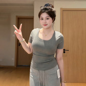 微胖mm法式 纯欲风U领正肩短袖 t恤女装 大码 春夏显瘦内搭打底衫 上衣