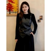 大码 胖mm显瘦掐腰上衣 t恤女2026新款 女装 黑色pu皮拼接假两件长袖