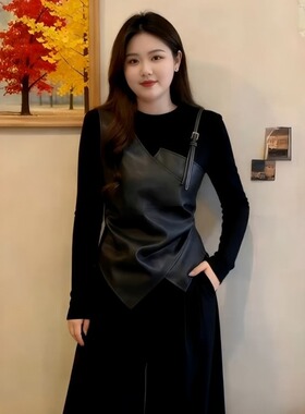 大码女装黑色pu皮拼接假两件长袖t恤女2026新款胖mm显瘦掐腰上衣