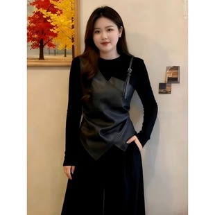 大码女装黑色pu皮拼接假两件长袖t恤女2026新款胖mm显瘦掐腰上衣