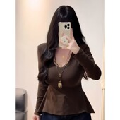 复古时尚 v领正肩长袖 t恤早秋新款 大码 上衣胖mm显瘦气质内搭打底衫