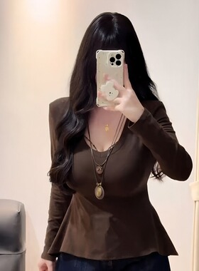 大码复古时尚v领正肩长袖t恤早秋新款上衣胖mm显瘦气质内搭打底衫