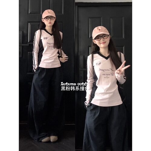 撞色拼接V领长袖t恤女秋季