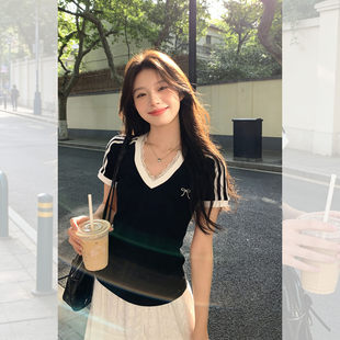 大码胖MM法式黑色蕾丝边V领短袖t恤女夏季辣妹风修身显瘦气质上衣