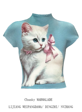 大码胖mm蓝灰色小白猫褶皱衫T恤显瘦甜酷个性夏季印花短袖上衣女