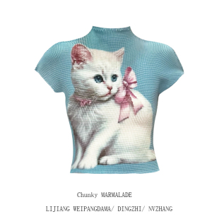 印花短袖 大码 夏季 T恤显瘦甜酷个性 上衣女 胖mm蓝灰色小白猫褶皱衫