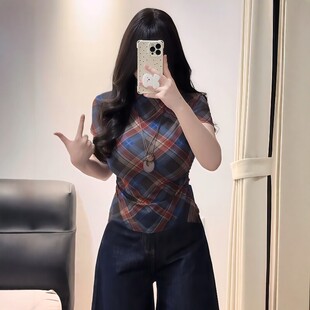 大码美式辣妹风格子短袖T恤女夏季微胖mm设计感褶皱时尚气质上衣