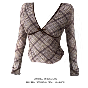 胖妹妹美式 修身 复古格子长袖 新款 显瘦内搭打底上衣 T恤女秋季 大码