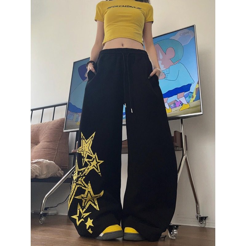 大码美式复古星星印花休闲裤女2026宽松直筒阔腿长裤子潮牌拖地裤,女装/女士精品,大码裤装,淘宝优惠券,粉丝福利购,淘宝优惠卷