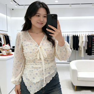 胖mm灯笼袖 大码 春季 V领碎花衬衫 系带收腰百搭设计感上衣 胖mm法式